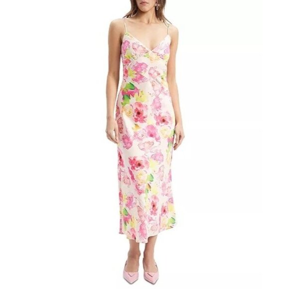 139$ Bardot Malinda Floral Strappy Wrap Slip Midi Dress Size 12 Pink White